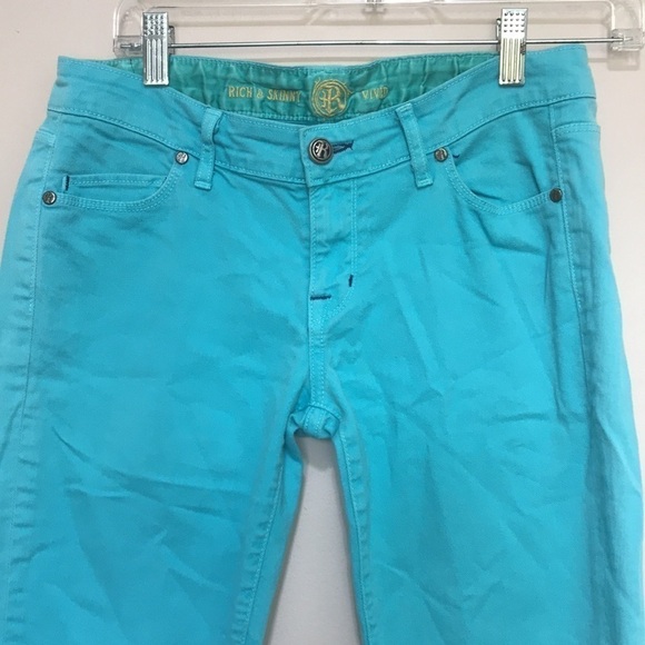R&S Turquoise Low Rise Skinny Jeans Cropped Zip Hem Sz 26 - Picture 2 of 12